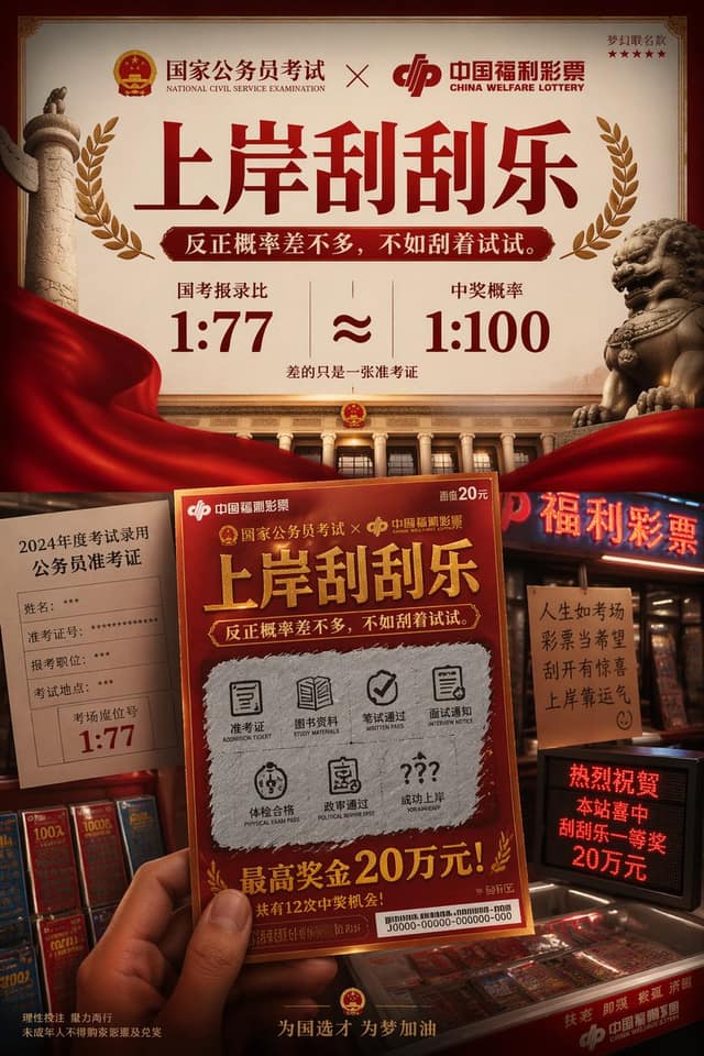 国考×福彩联名海报：上岸刮刮乐讽刺视觉
