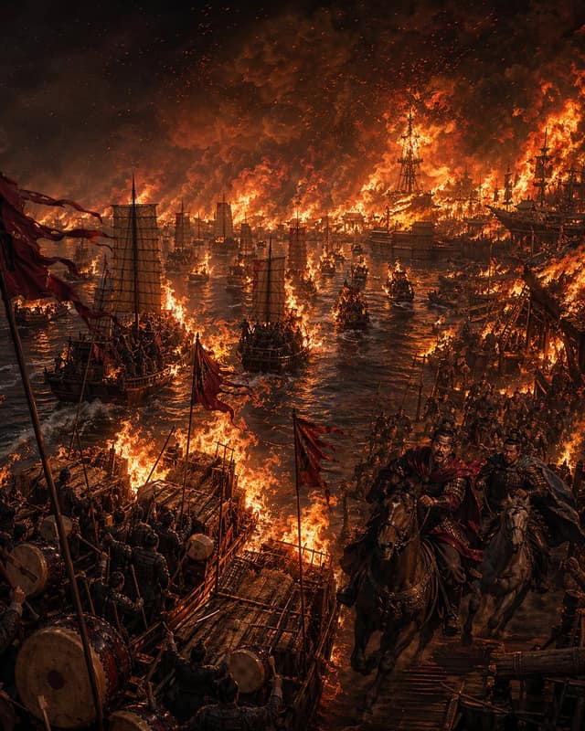 نمونهٔ 赤壁之战·烈焰焚江 | 史诗级电影感历史画作提示词