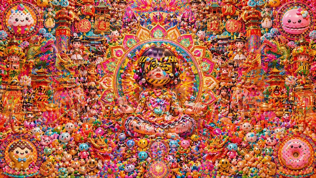 糖果风农历新年神龛:极繁对称插画
