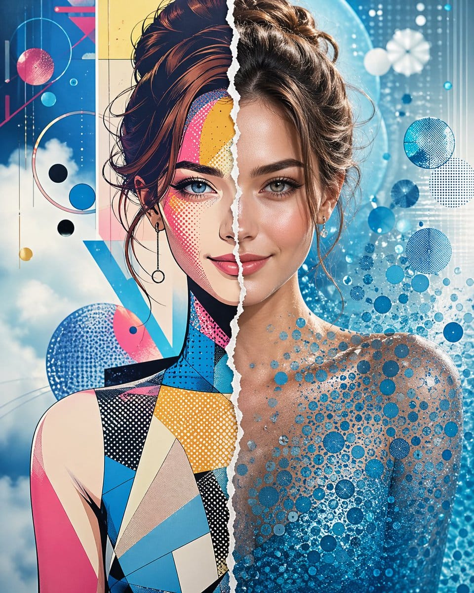 Split style portrait: one side of the future, one side of reality
