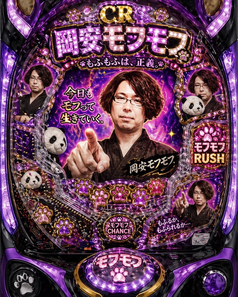 Absurd purple Mofumofu pachinko machine: surreal Japanese spoof design