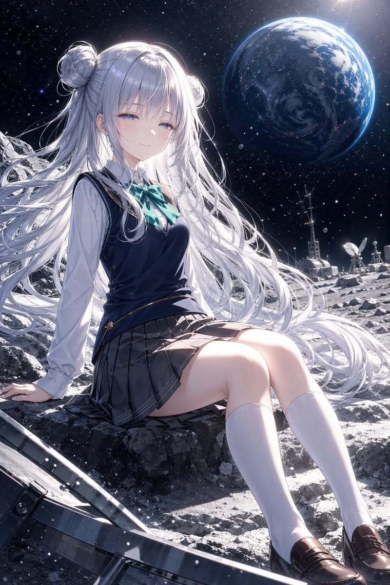 Anime girl wearing a square head on the moon