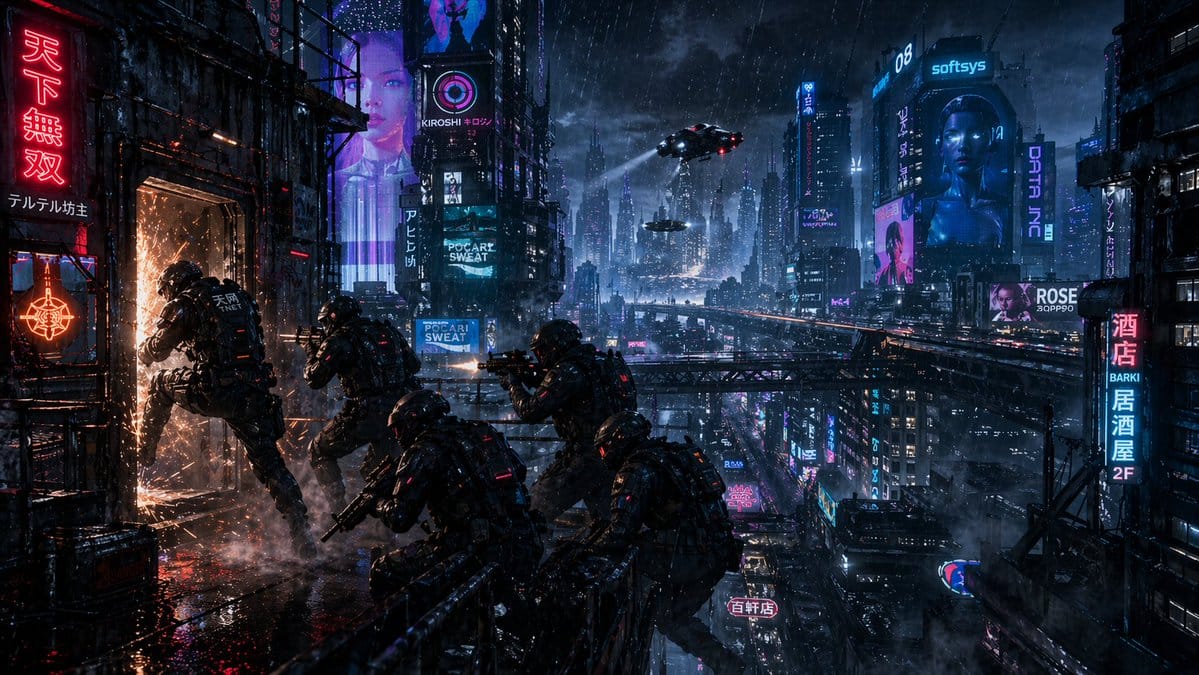 Cyberpunk Rooftop Raid: Cinematic Tactical Action AI Prompt
