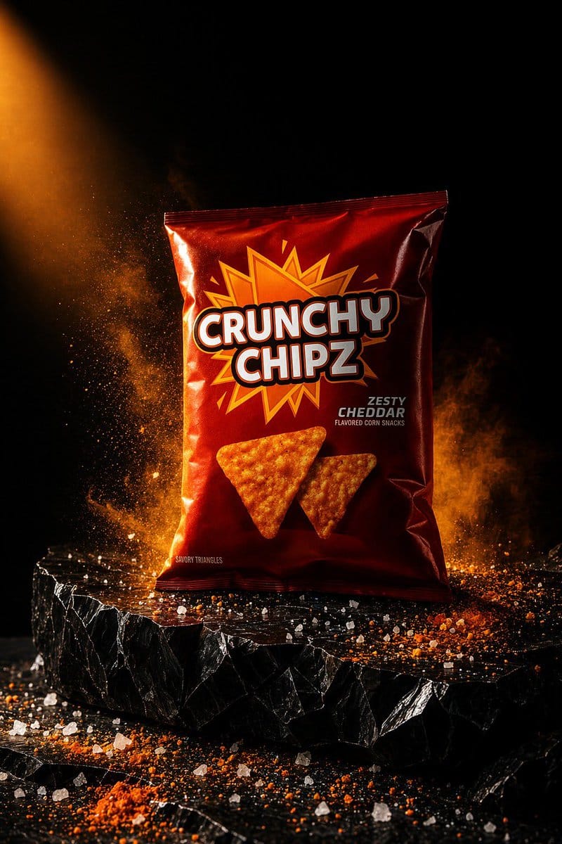Spicy snack packaging advertising photography prompts