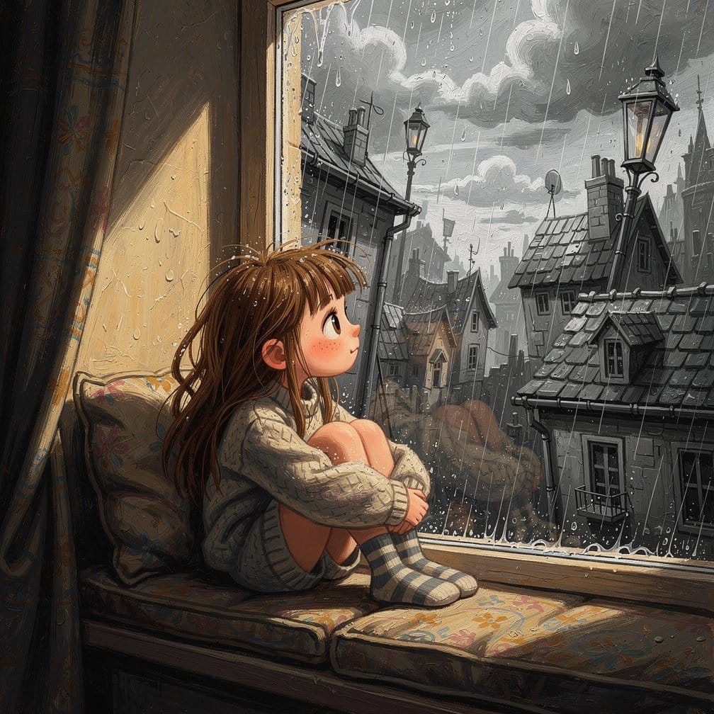 Girl at the Window in the Rain: Gloomy Picture Book Style Illustration Prompt