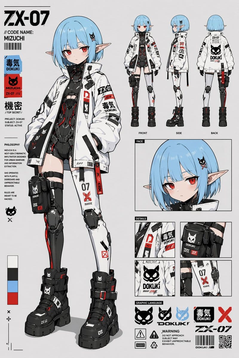 Cyberpunk anime character set set: ZX-07 MIzuCHi complete design blueprint