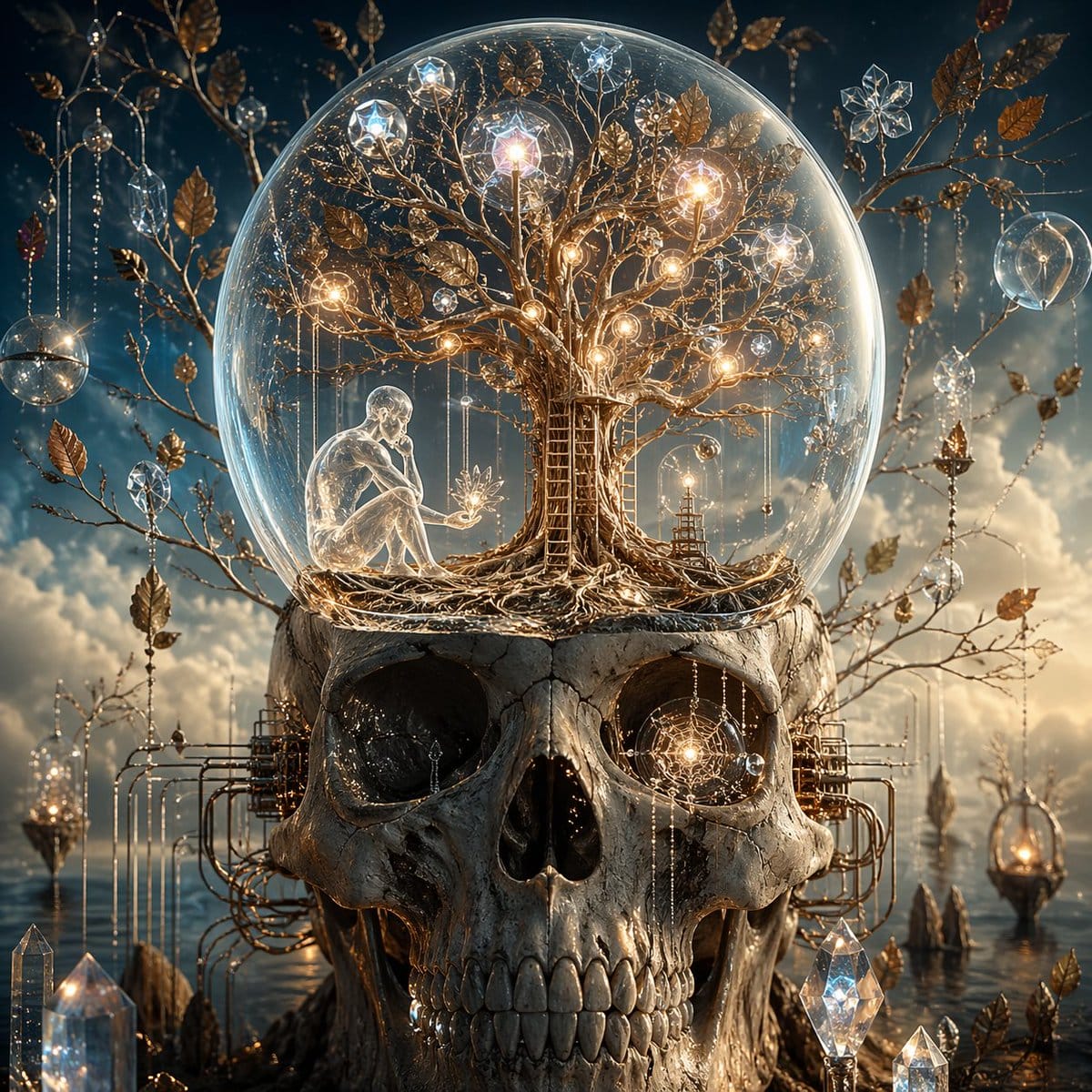 Surreal Skull and Tree of Consciousness: Fantasy Illustration Prompt