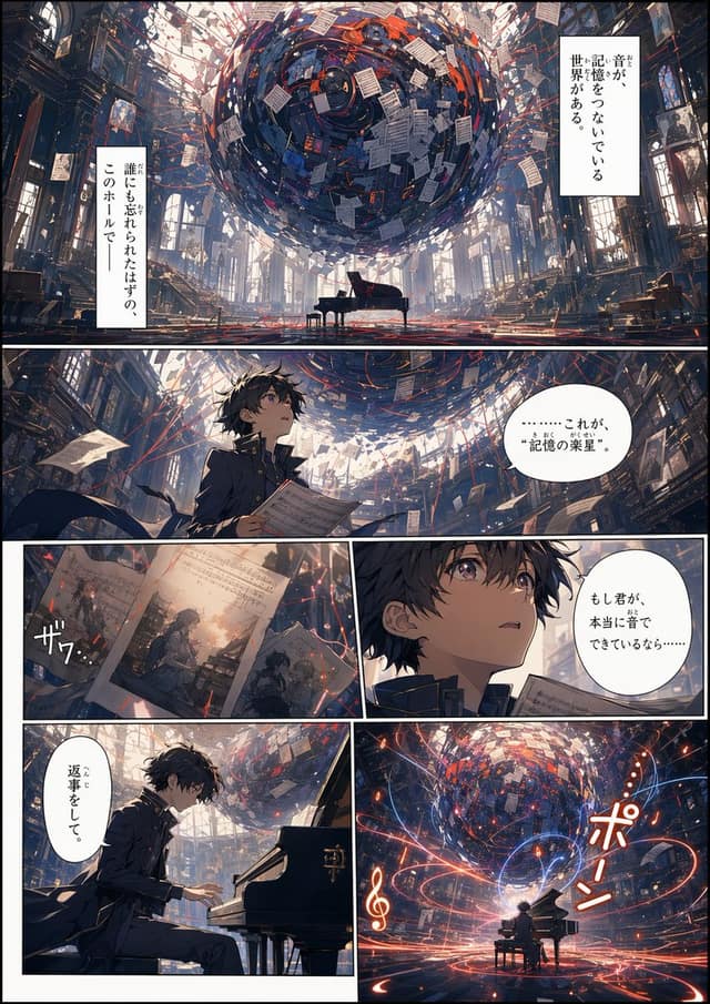 نمونهٔ 电影感漫画页生成器：记忆档案·音乐与记忆的奇幻交响