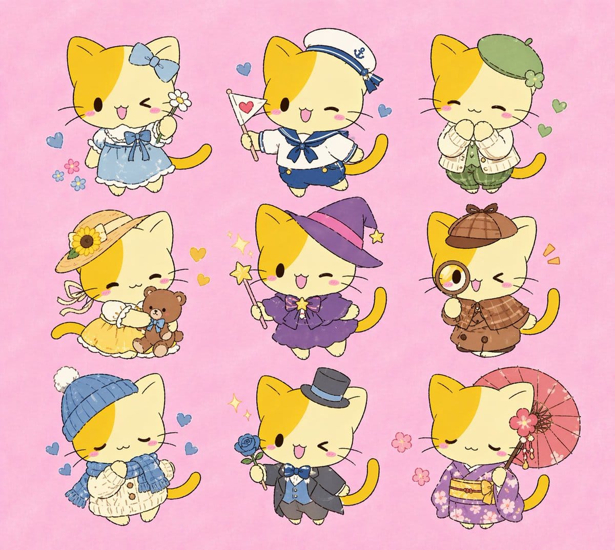 Nine Q-version kitten costume variations: cute dress up illustration