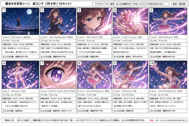 نمونهٔ 魔法少女变身分镜脚本 | 8秒10镜头动画设计