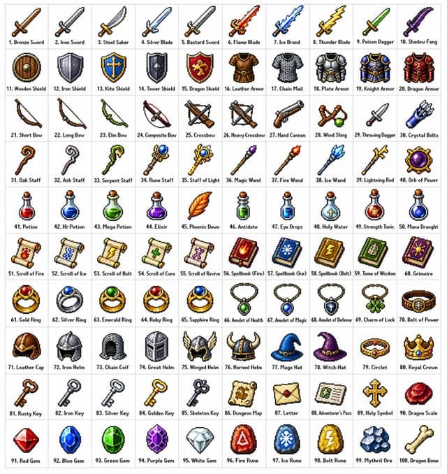 复古RPG物品网格生成器：10x10像素艺术图标库
