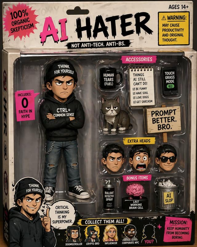 نمونهٔ AI HATER 可动人偶：讽刺反AI文化收藏玩具包装设计