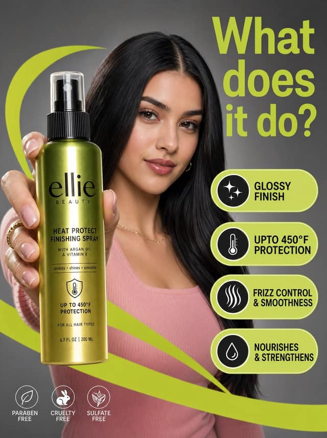 نمونهٔ Ellie Beauty护发喷雾 | 高张力商业大片提示词