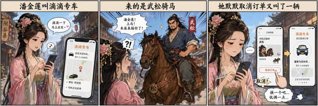 نمونهٔ 潘金莲叫滴滴遇到武松骑马：古代穿越爆笑梗