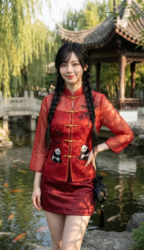 نمونهٔ 绿意园林古风写真：欧根纱旗袍少女唯美AI生成
