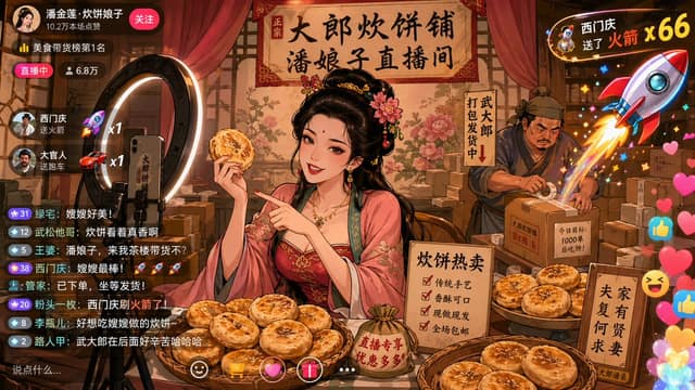نمونهٔ 水浒新编：潘金莲直播卖炊饼，弹幕炸了！