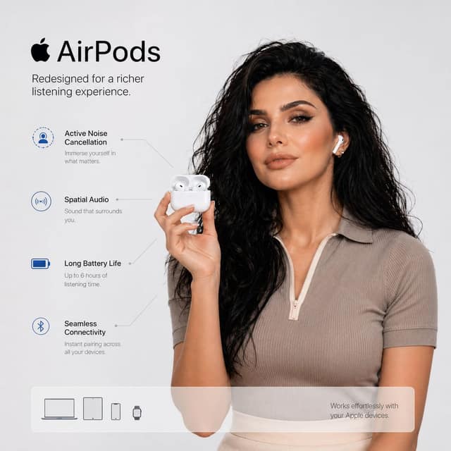 نمونهٔ 苹果AirPods极简广告·高端产品信息图生成器