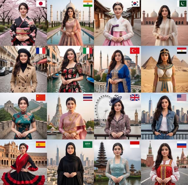 نمونهٔ 16国传统服饰美女拼贴画 | 超写实时尚杂志风