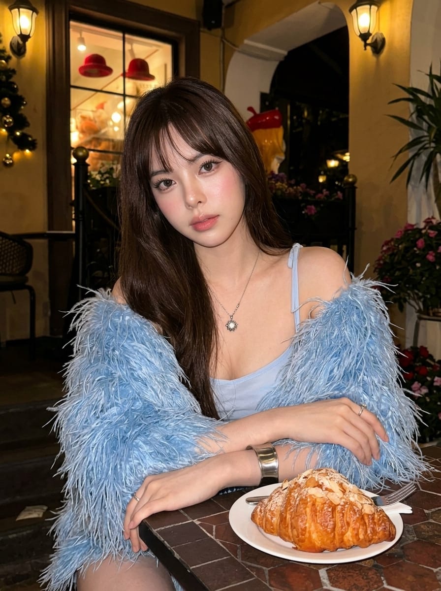 暖光咖啡馆蓝羽女孩|超写实AI摄影