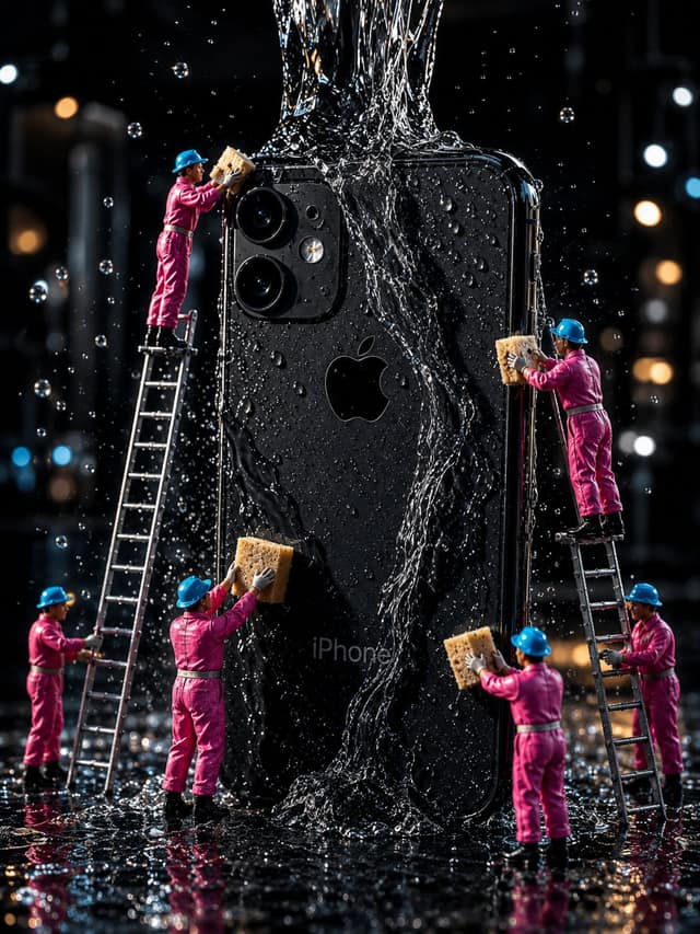 نمونهٔ 微缩工人清洁黑色iPhone：超写实8K电影级画面