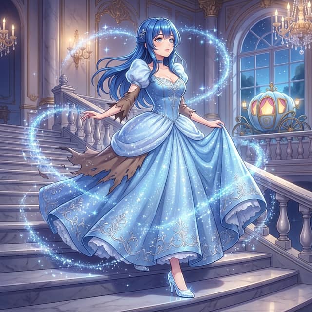 梦幻灰姑娘·蓝裙午夜魔法变身 | 动漫风超细节