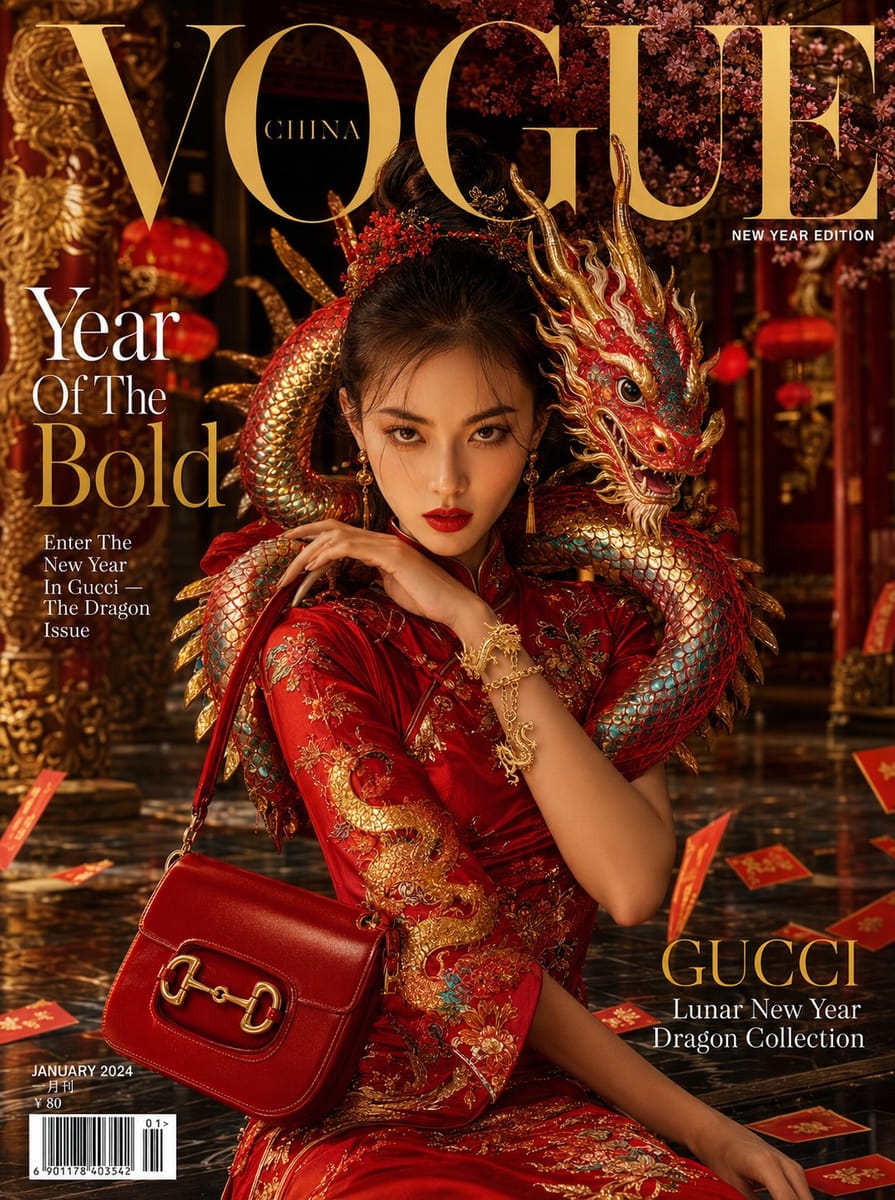 龙年VOGUE封面:红丝绸旗袍与金龙奢华大片