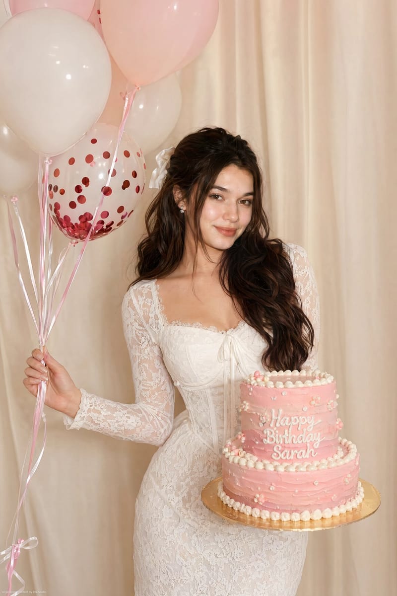 南亚女性生日人像：蕾丝蛋糕与气球的优雅庆典
