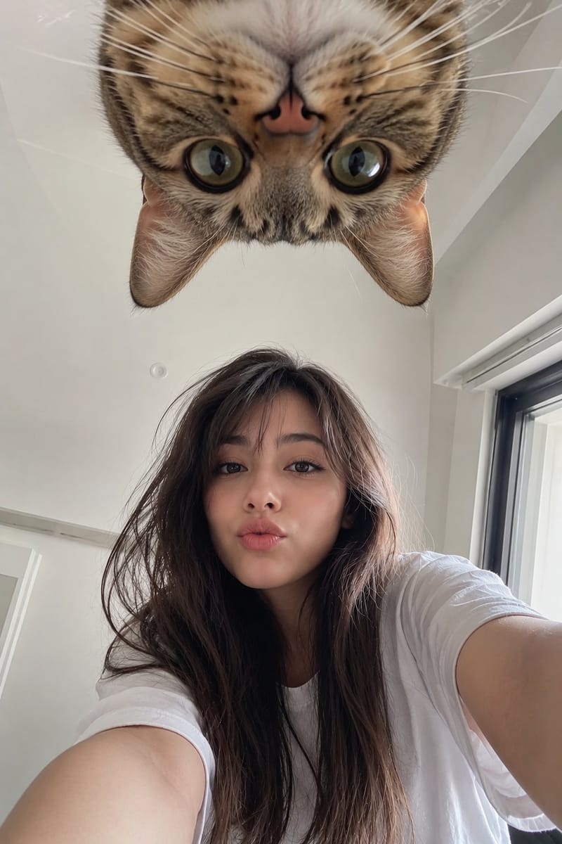 低角度手机自拍｜日本少女与倒挂猫咪