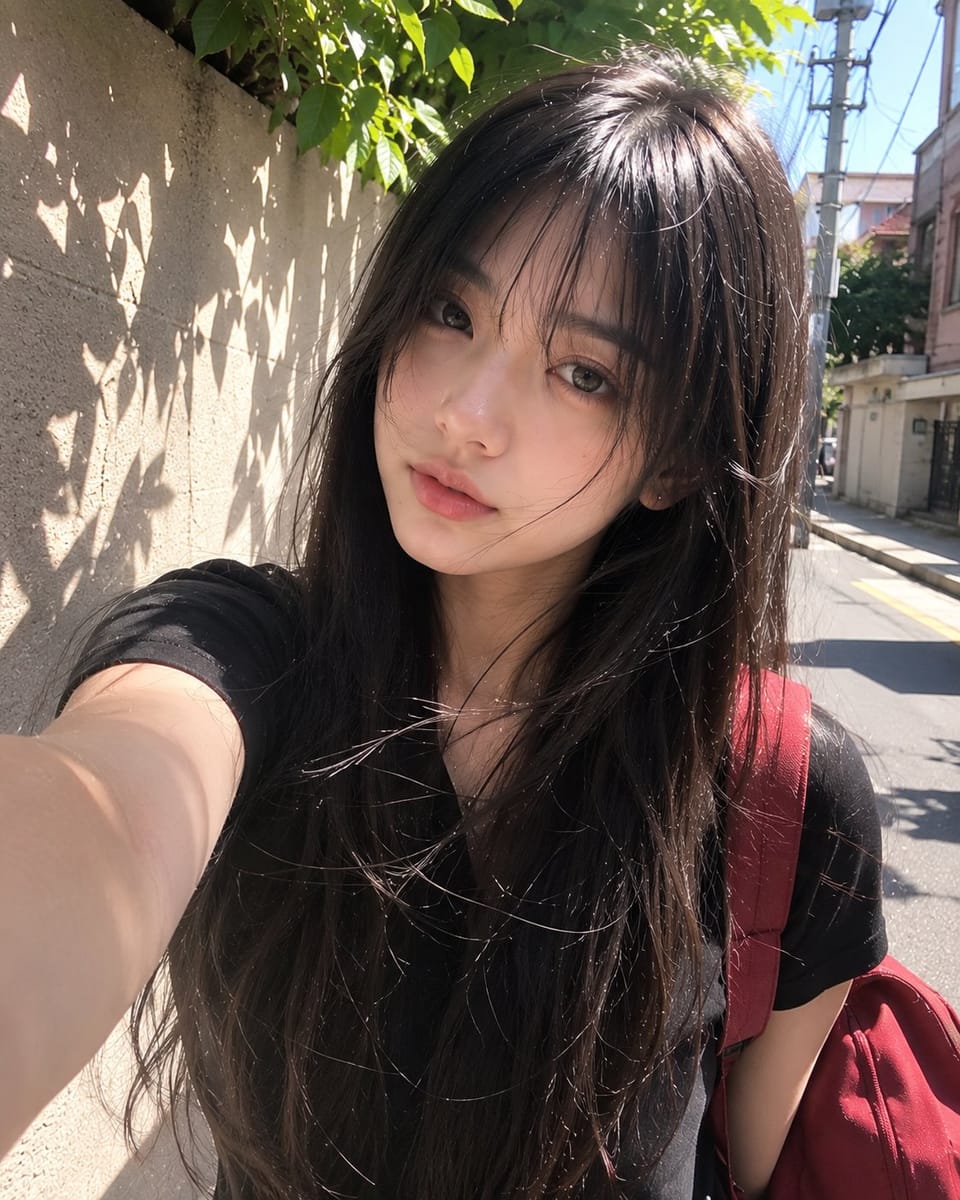 阳光红书包少女：日系街头写真Prompt