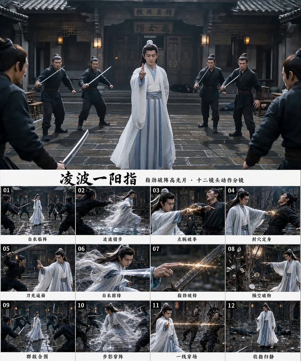 白衣武侠·凌波一阳指 | 电影级破阵分镜提示词