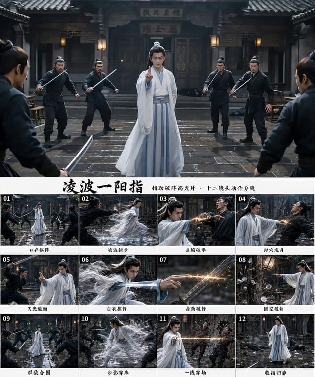 نمونهٔ 白衣武侠·凌波一阳指 | 电影级破阵分镜提示词