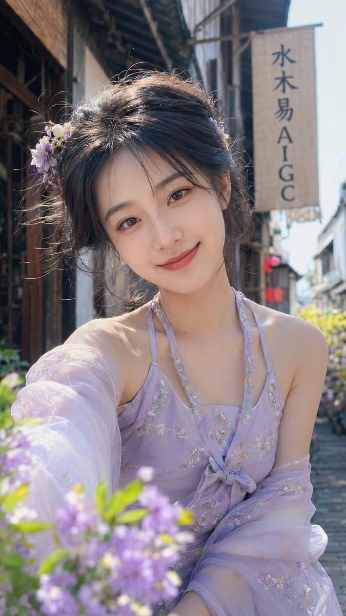 江南古镇·淡紫汉服自拍人像