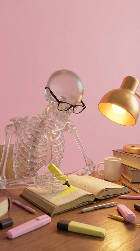 نمونهٔ 暖光书桌旁学习的玻璃骷髅：3D质感渲染