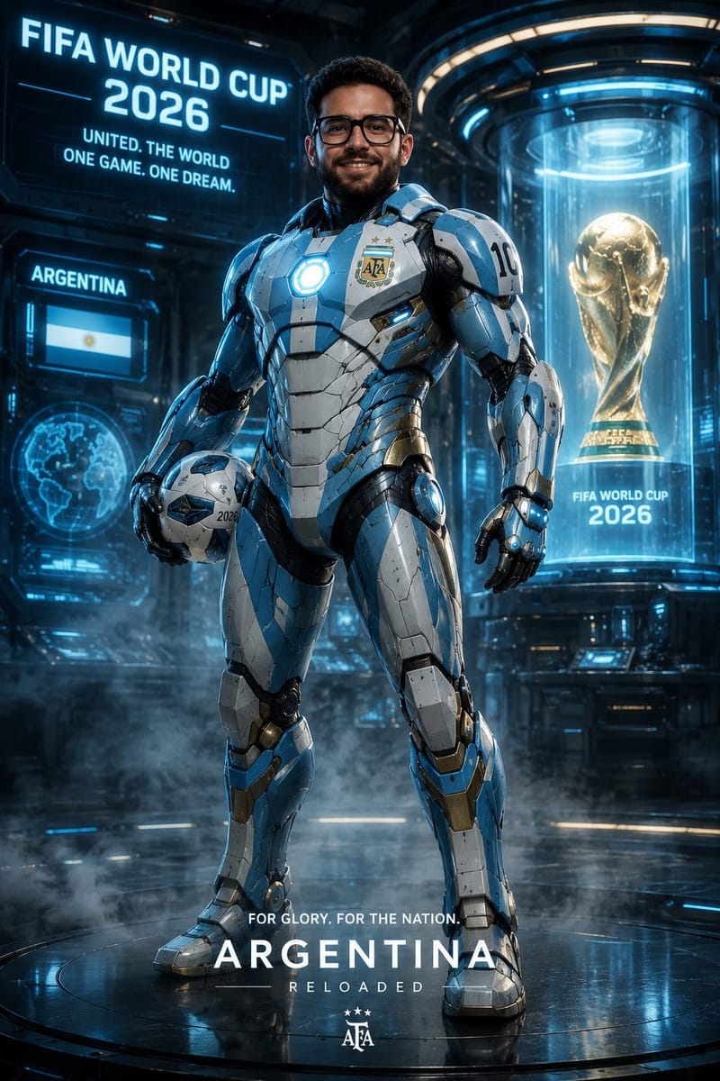 2026世界杯×钢铁侠：阿根廷冠军赛博海报