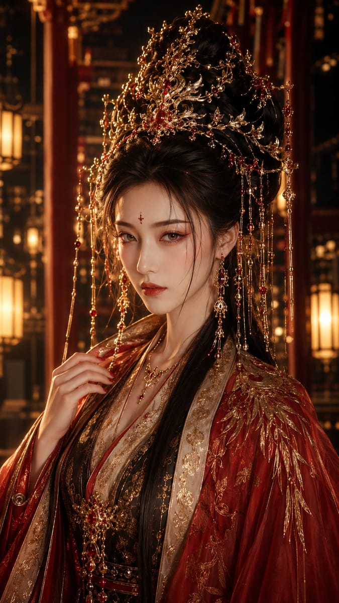 古风仙侠女主角色海报·绛红金饰夜色宫廷