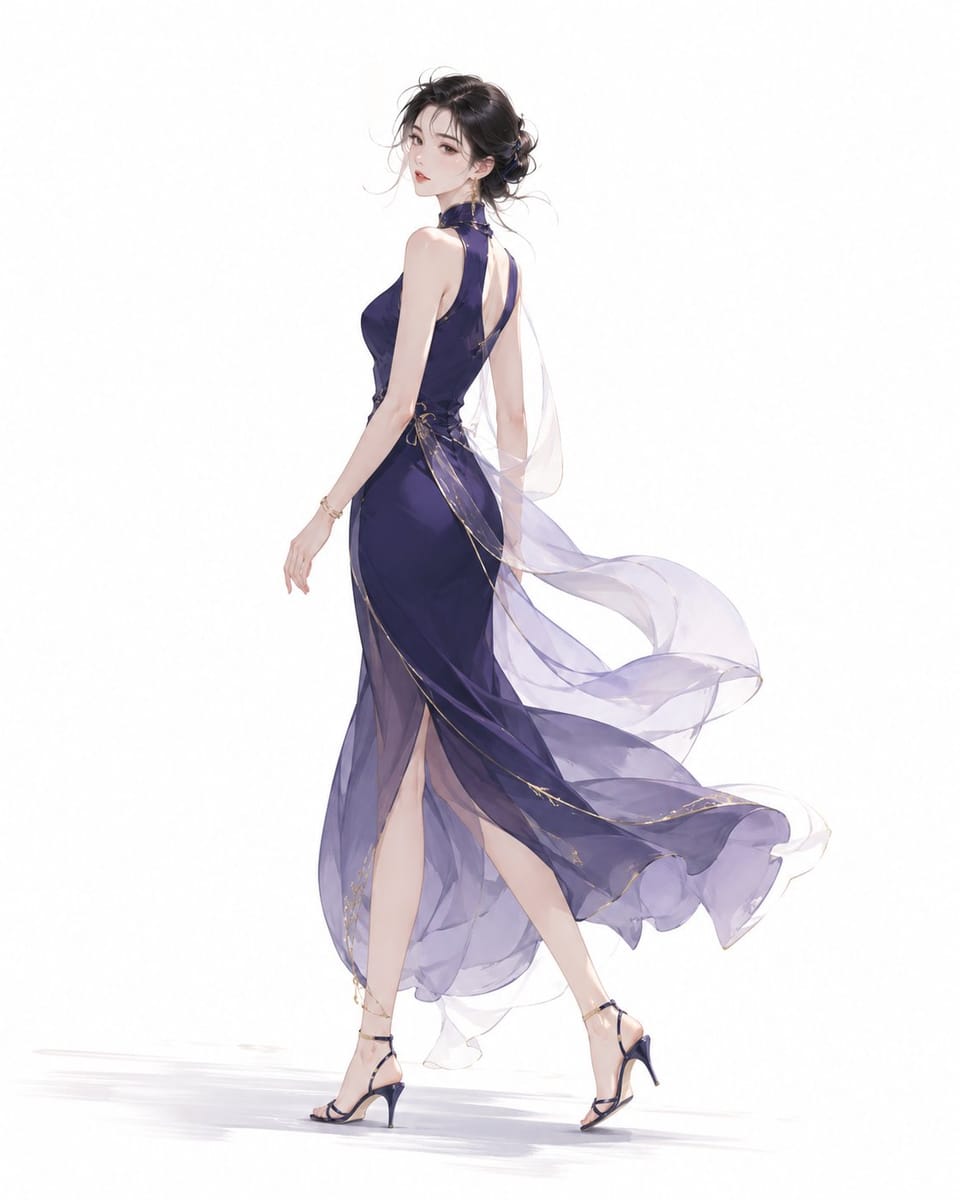 东方优雅女性极简行走插画｜灵动裙摆与留白美学