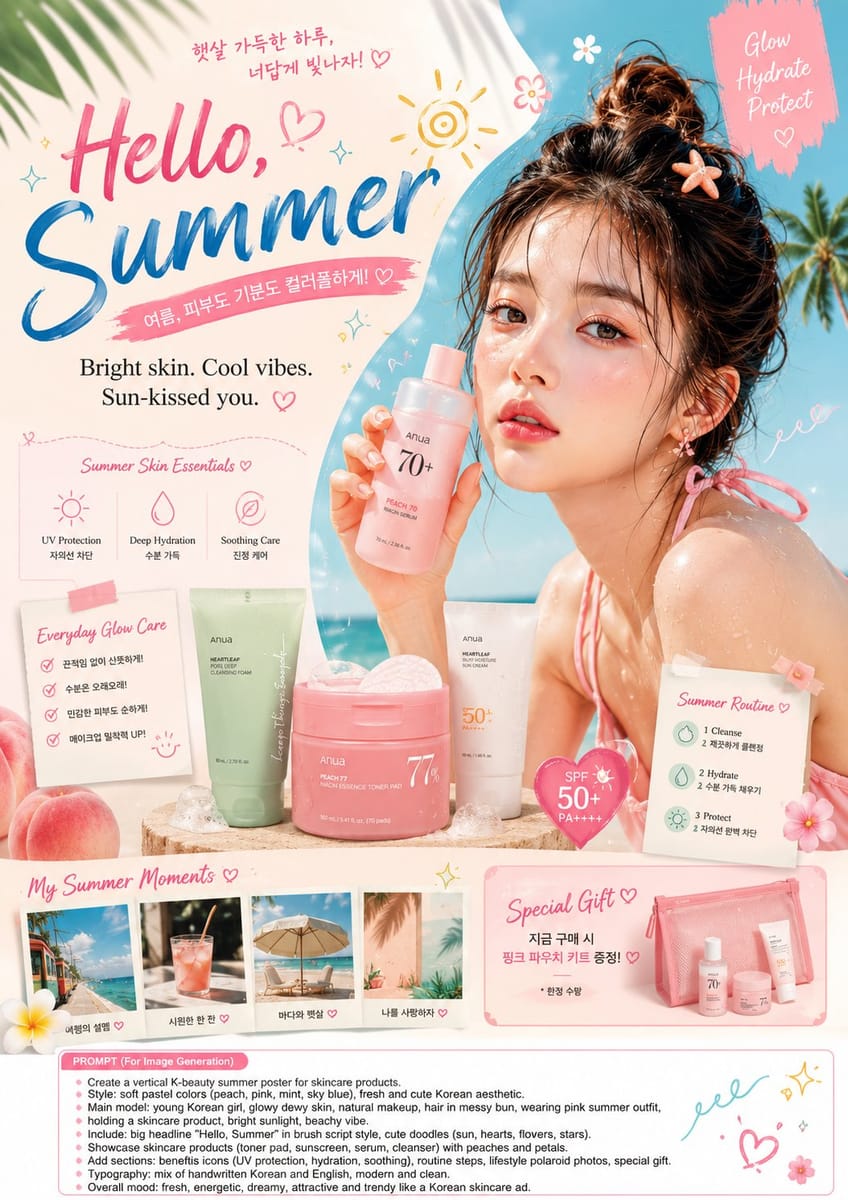 韩系夏日水光肌护肤广告 | 超写实海报视觉设计