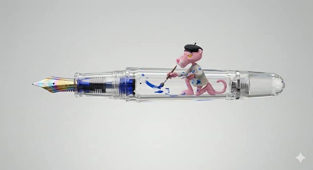 粉红豹艺术家藏身水晶笔内，微缩世界的超精致3D渲染