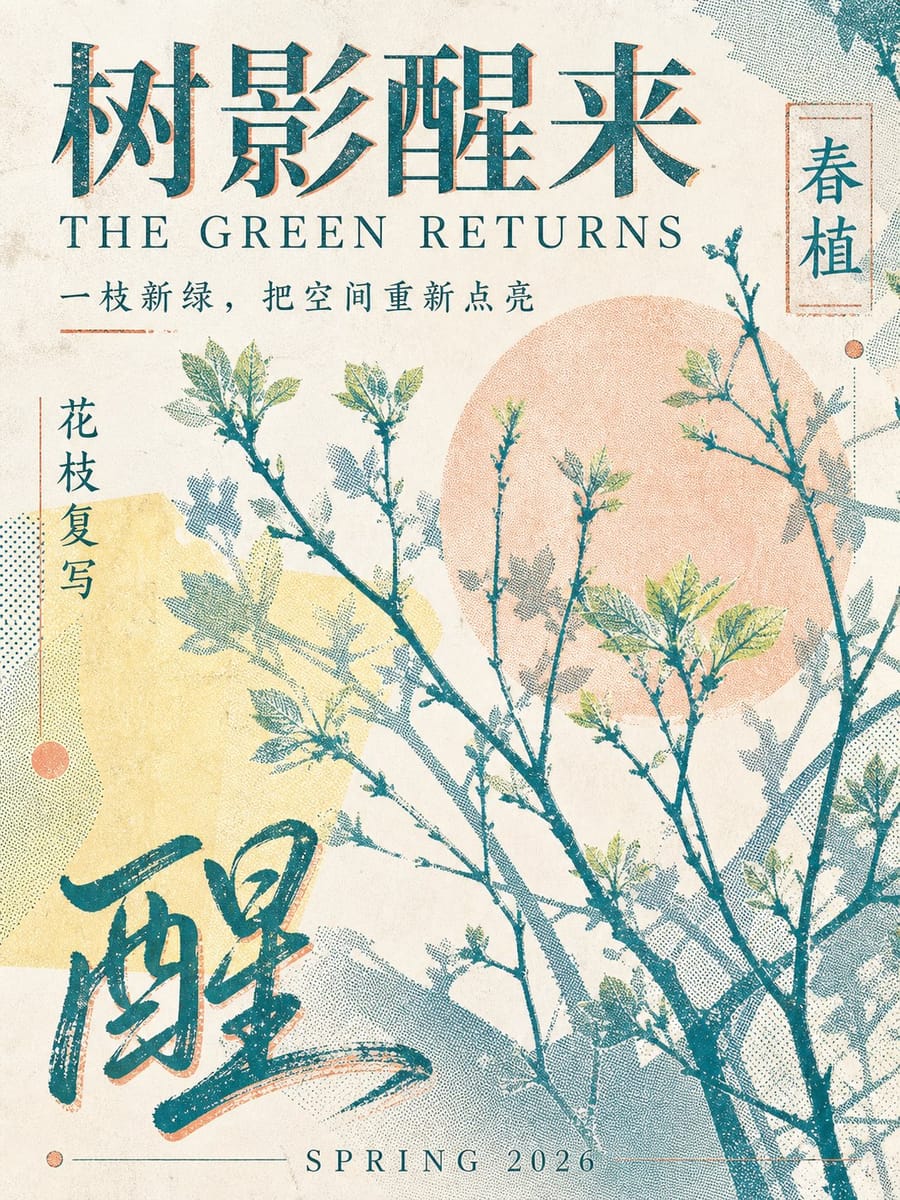春日植物丝网印刷海报 | 日系杂志排版Prompt