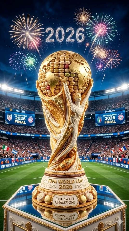 نمونهٔ 2026世界杯美食奖杯 | 马卡龙甜品艺术电影级写实