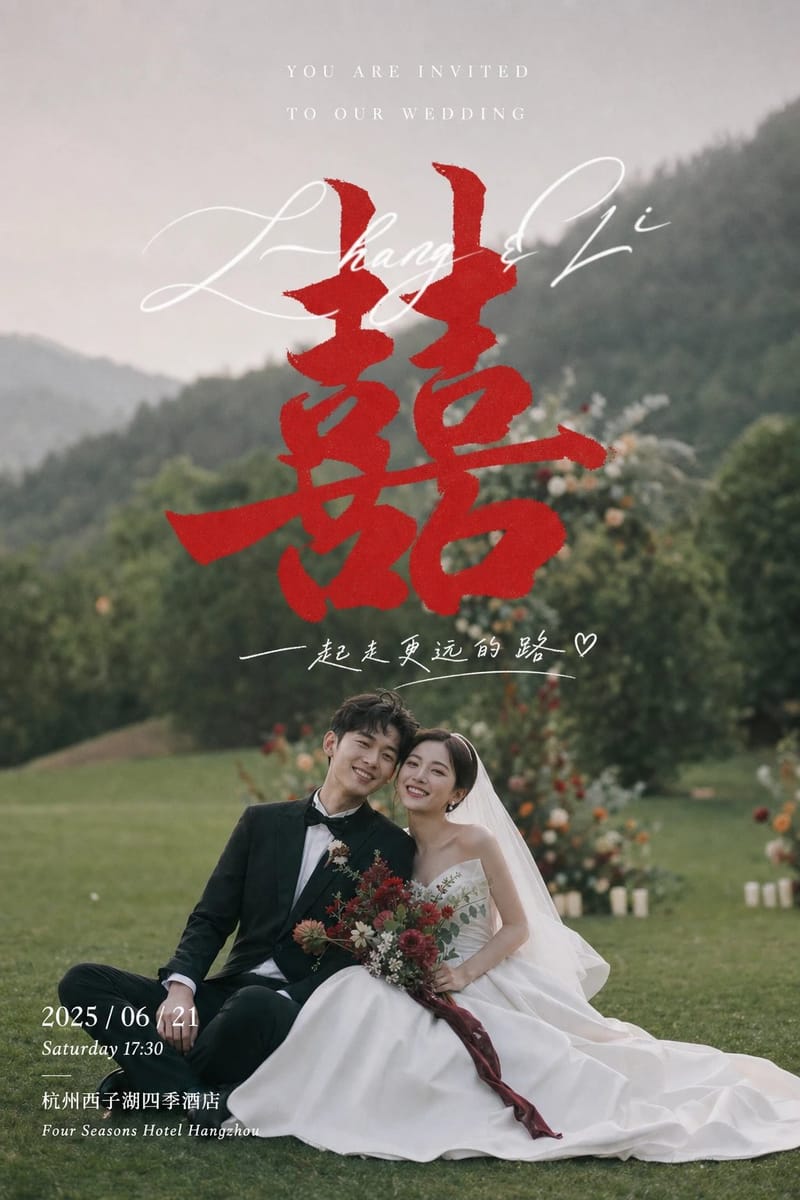 电影感婚宴邀请函｜柔焦婚纱照+中心囍字，竖版9:16微信视觉设计