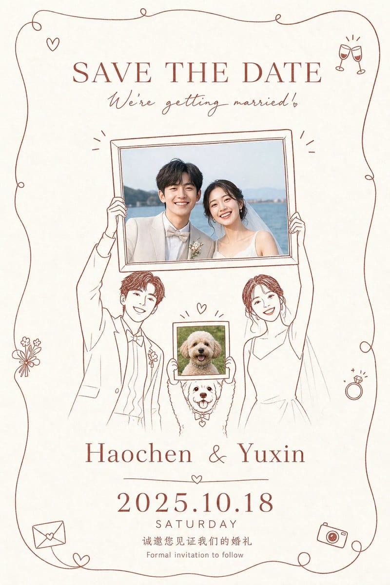 手绘线描婚礼预告请柬 | 亮底红棕线 Save the Date