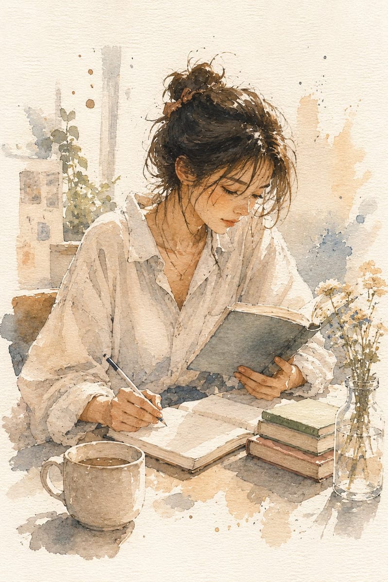 清晨阅读·极简水彩风少女插画提示词