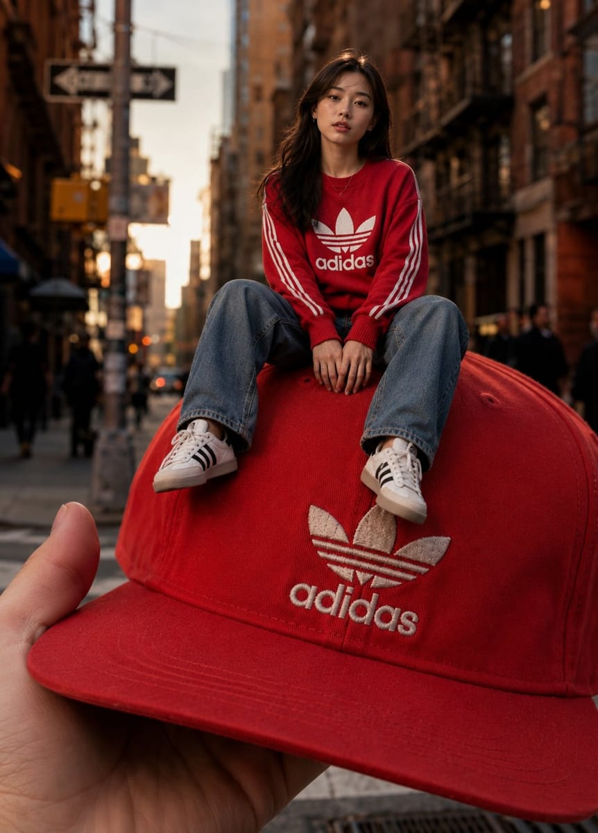 错位摄影魔法：巨型棒球帽上的街头时尚女郎