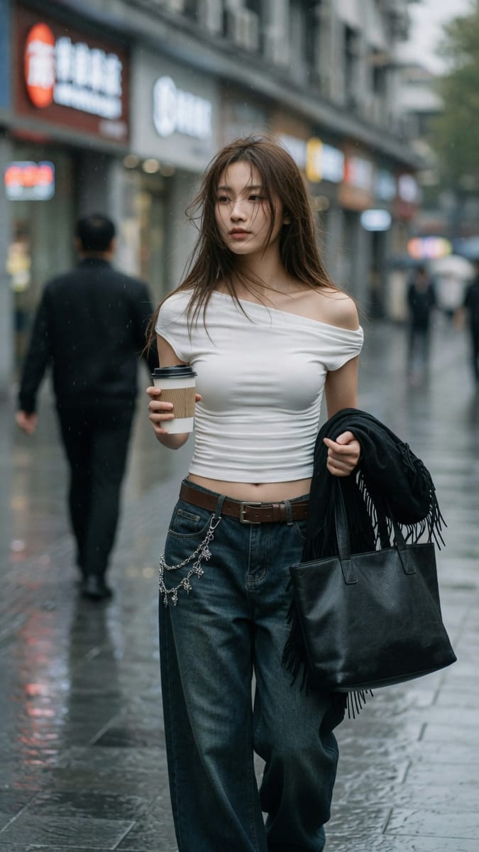 雨后街头漫步:电影级时尚东亚女性人像