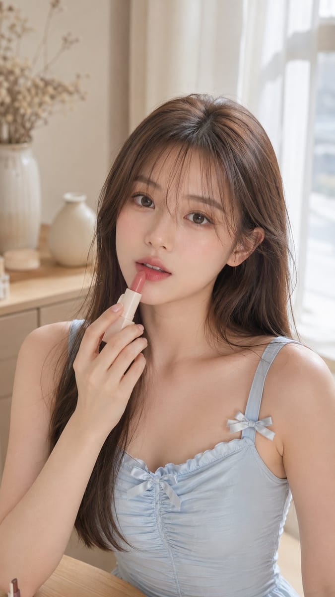 超写实美妆人像:东亚女性玫瑰唇色涂抹瞬间