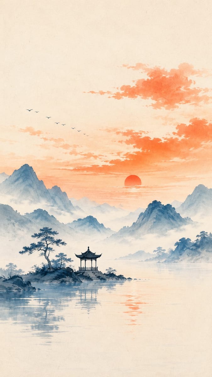 禅意东方·极简山水小亭｜晚霞诗意插画