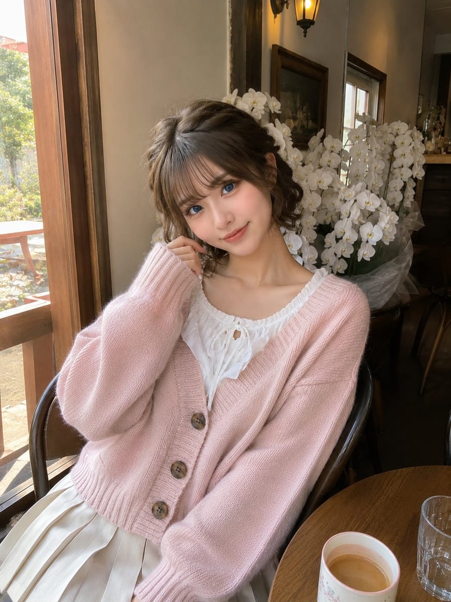 咖啡馆粉色针织甜美少女 | 手势比心写实抓拍