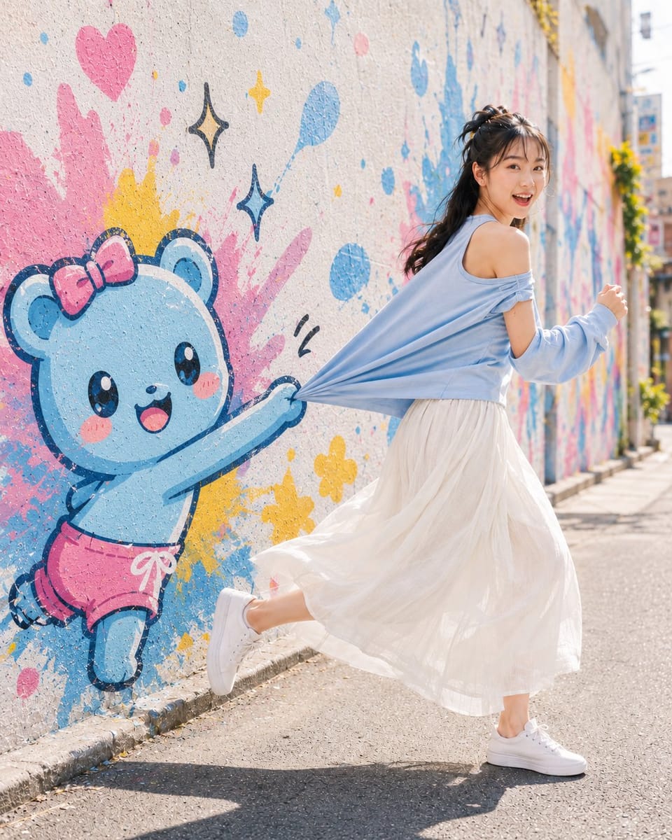 夏日巷弄涂鸦奇遇：少女与墙上的熊