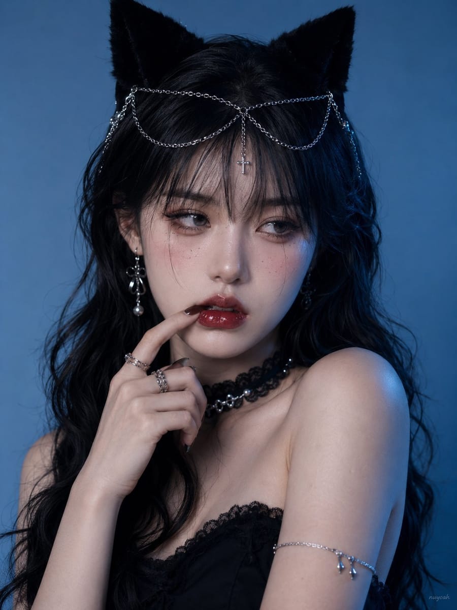 暗黑甜酷猫系社媒美妆写真提示词
